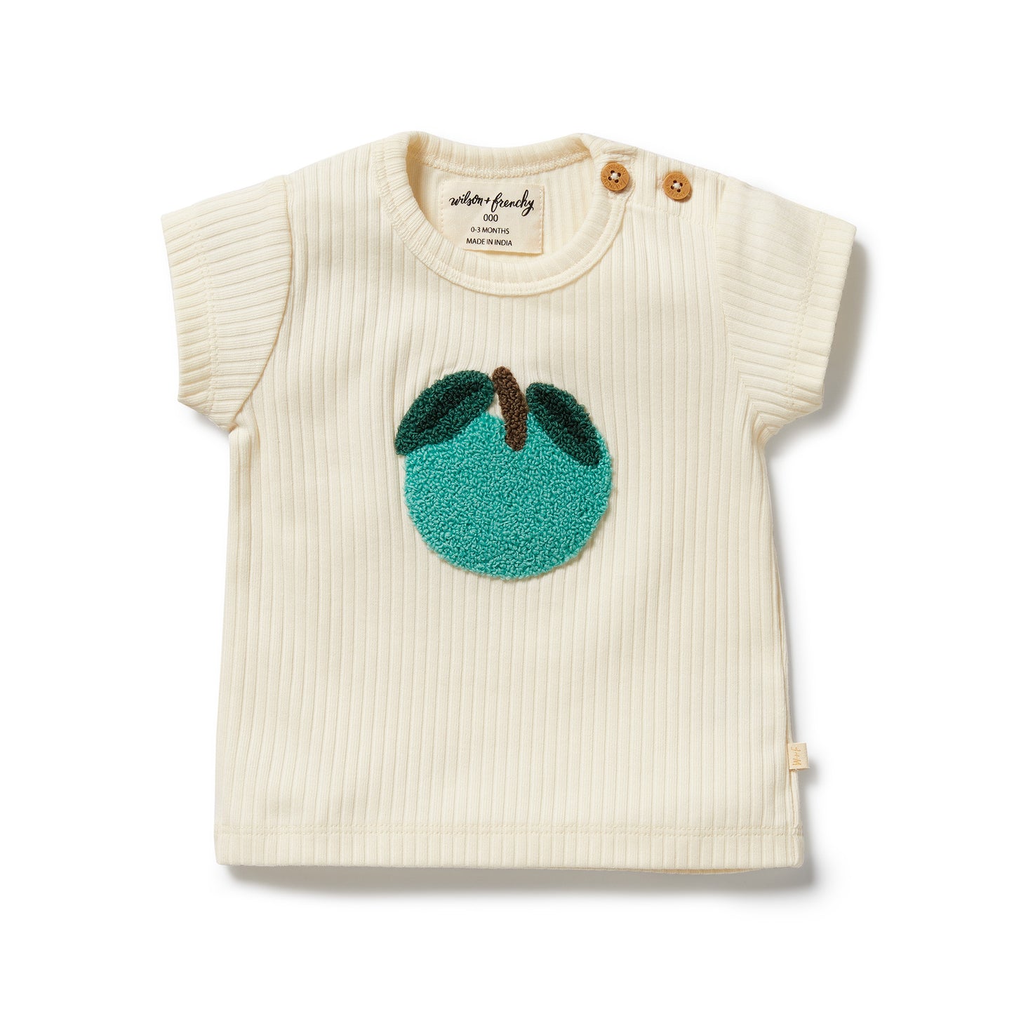 Behind The Trees - Baby t-shirt with green apple design on a white background - Wilson + Frenchy - Embroidered Organic Tee - Apple Papple