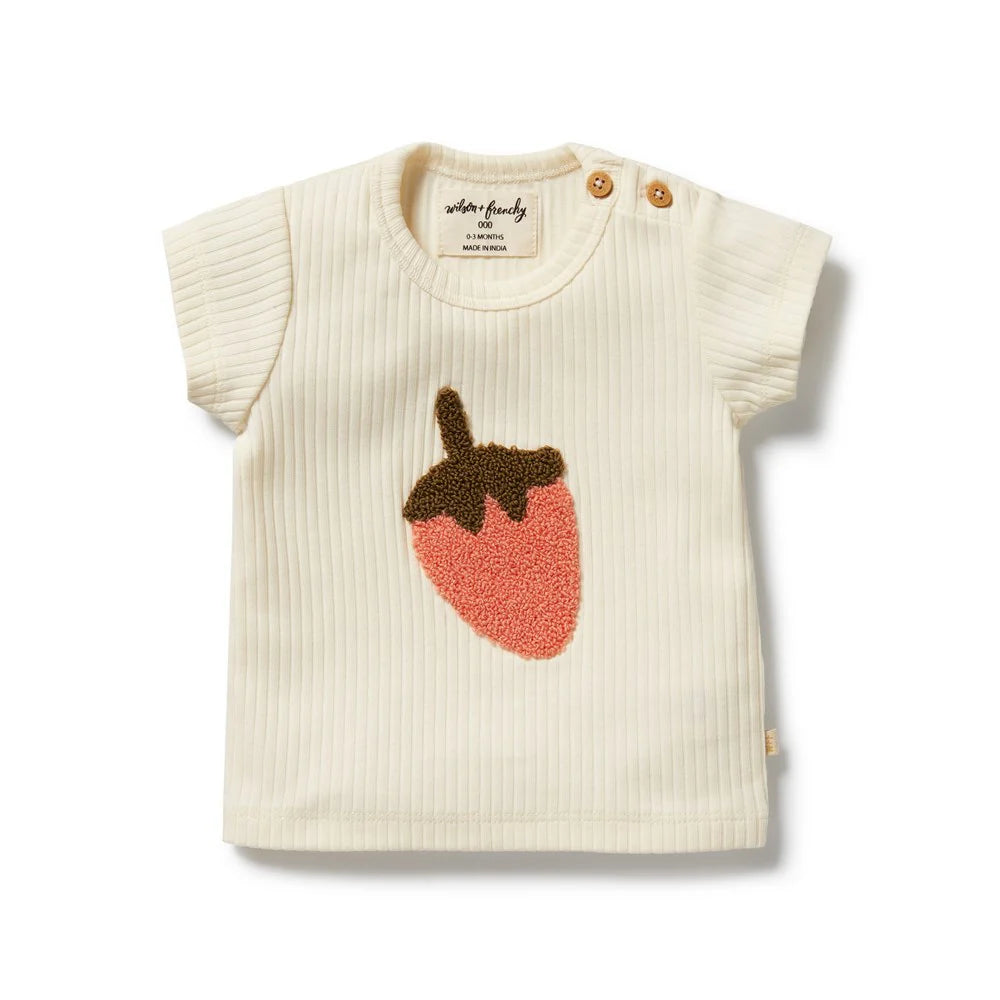 Behind The Trees - Baby t-shirt with strawberry design on a white background - Wilson + Frenchy - Embroidered Organic Tee - Strawberry Kisses