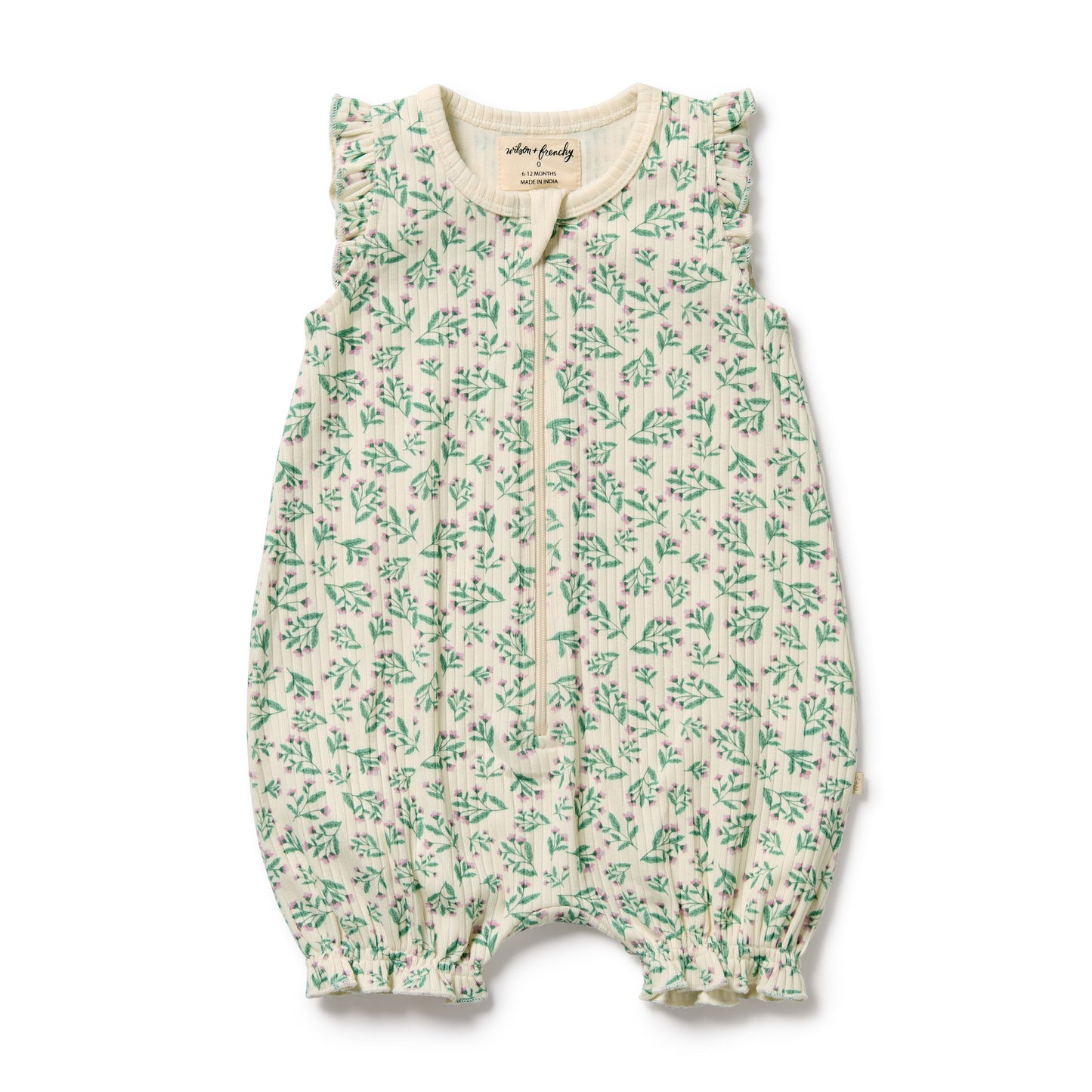 Behind The Trees - Baby romper with green floral pattern on a white background - Wilson + Frenchy - Organic Ruffle Zipsuit - Periwinkle