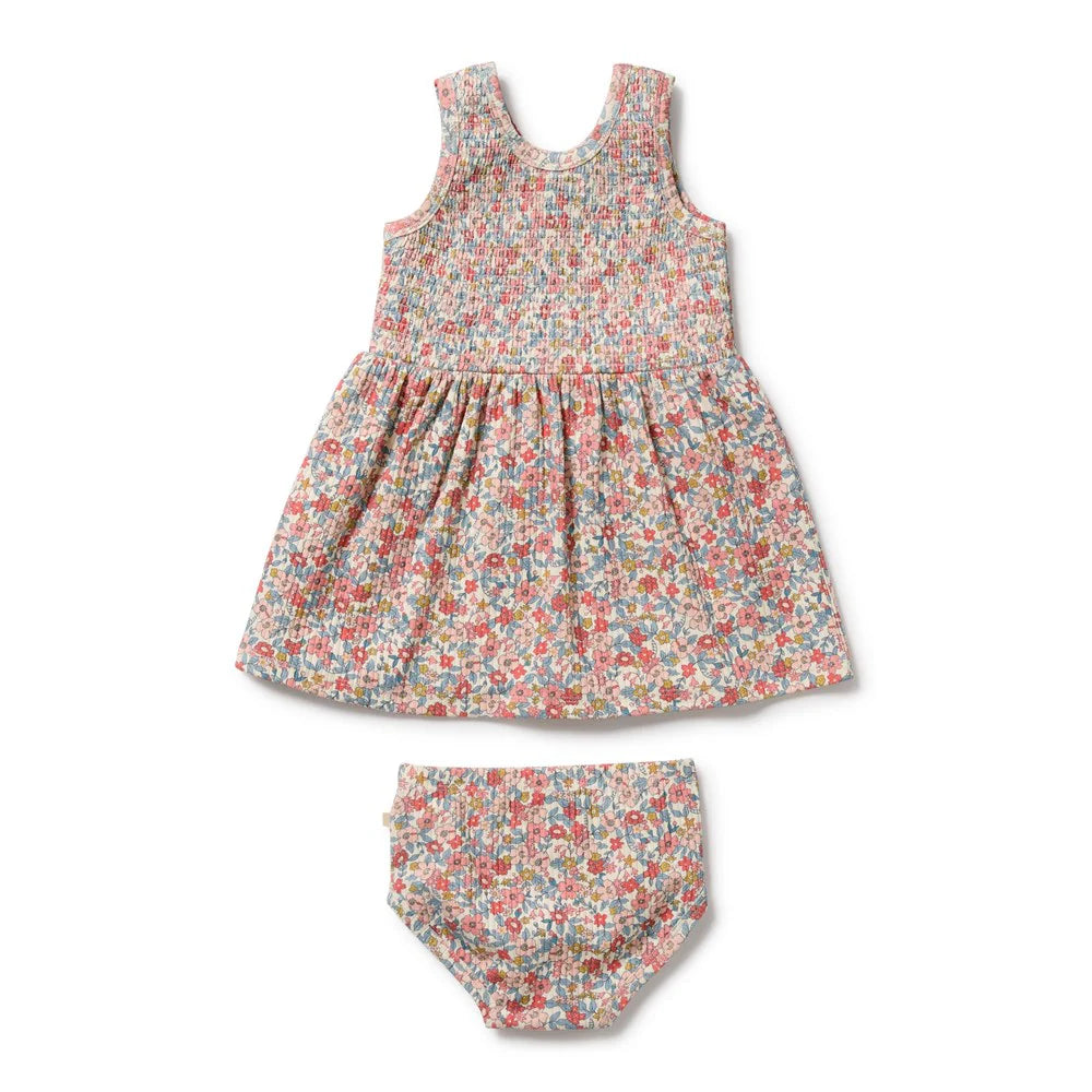 Behind The Trees - Floral baby dress and bloomers set on a white background - Wilson + Frenchy - Organic Dress Set - Summer Bloom