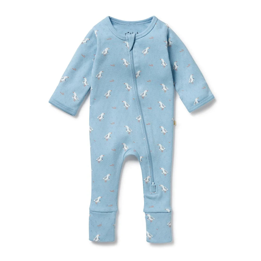 Behind The Trees - Blue baby onesie with bird pattern on a white background - Wilson + Frenchy - Organic Pointelle Zipsuit With Feet - Sunny Seagulls