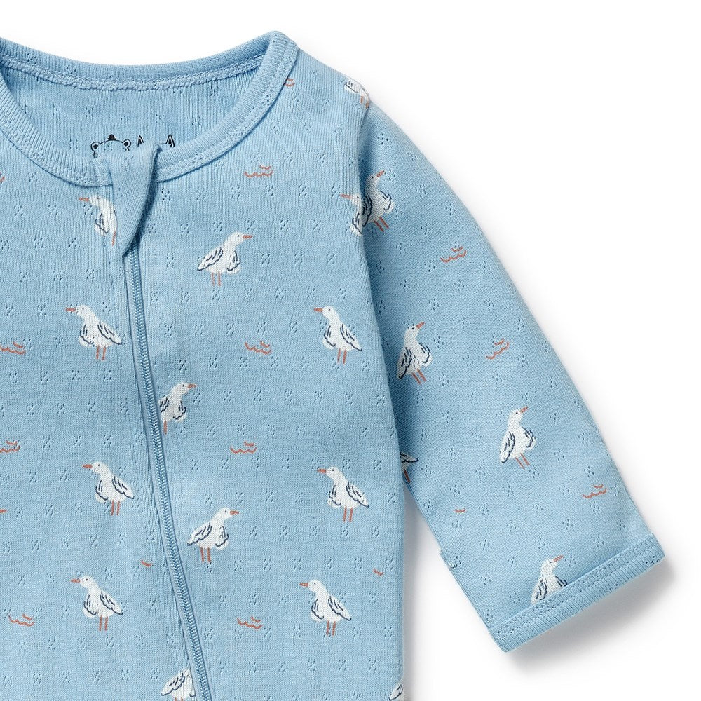 Behind The Trees - Blue baby onesie with bird pattern on a white background - Wilson + Frenchy - Organic Pointelle Zipsuit With Feet - Sunny Seagulls