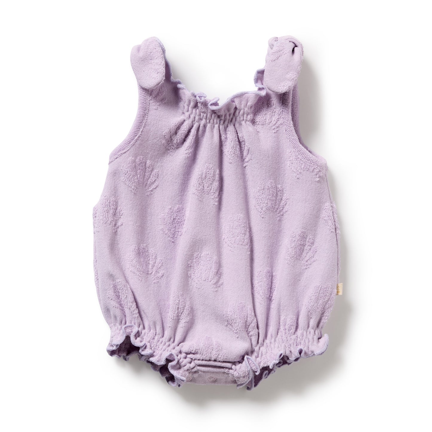 Behind The Trees - Purple baby romper with bear ears on a white background - Wilson + Frenchy - Organic Terry Tie Playsuit - Lavender Shells