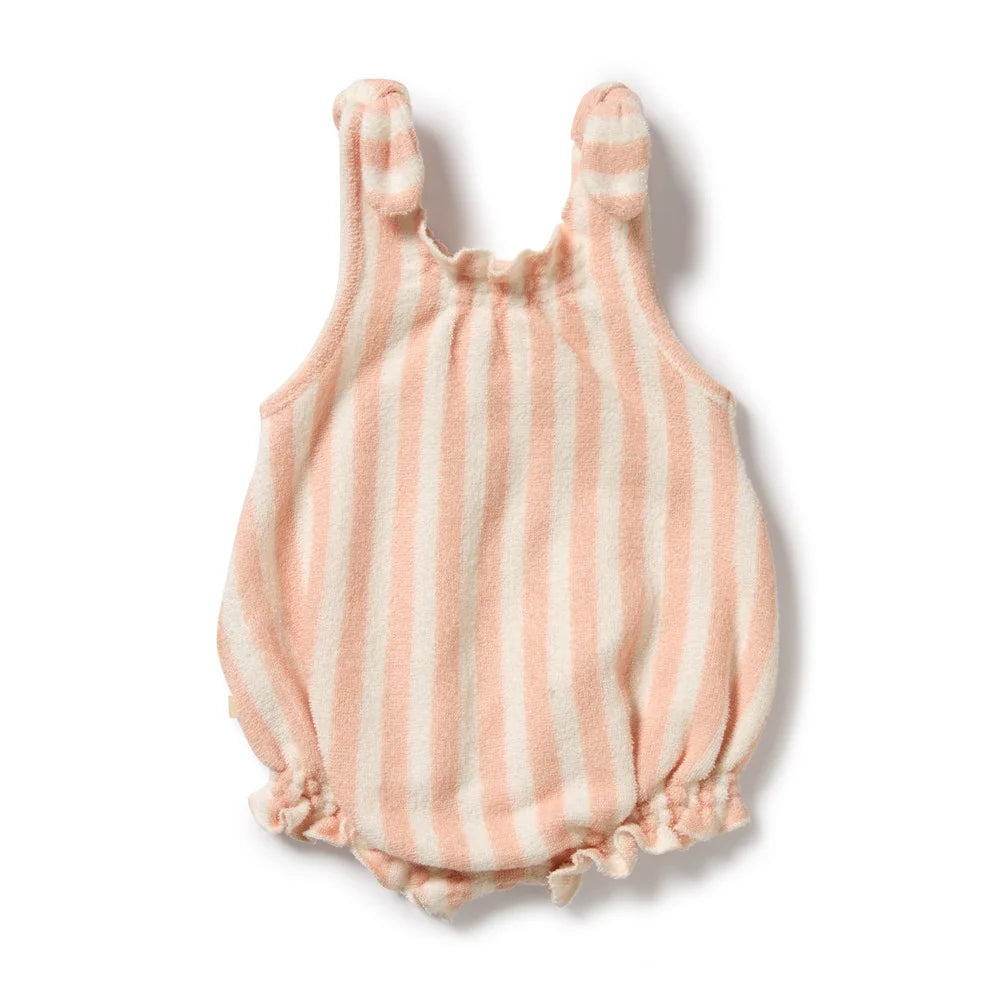 Behind The Trees - Pink and white striped baby romper on a white background - Wilson + Frenchy - Organic Terry Tie Playsuit - Strawberry Wave