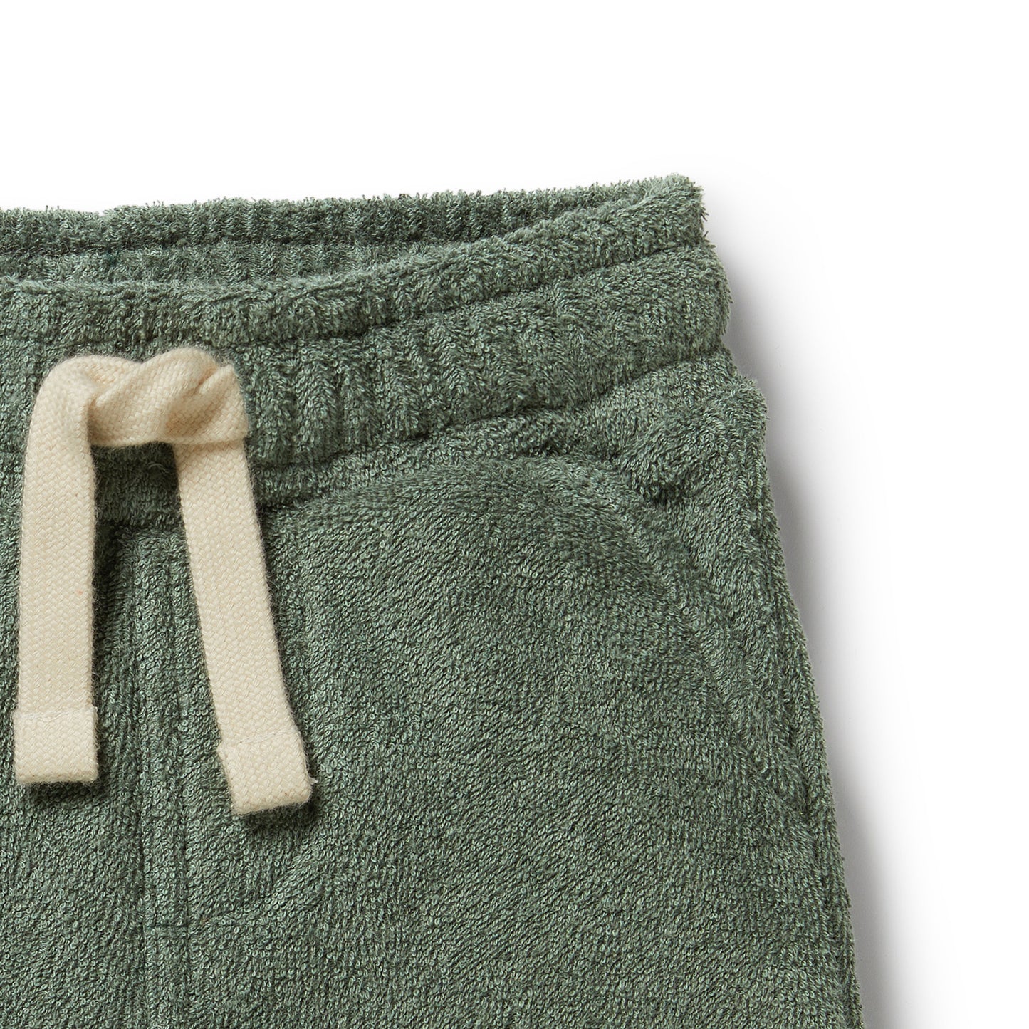 Behind The Trees - Green shorts with a drawstring on a white background - Wilson + Frenchy - Organic Terry Short - Moss