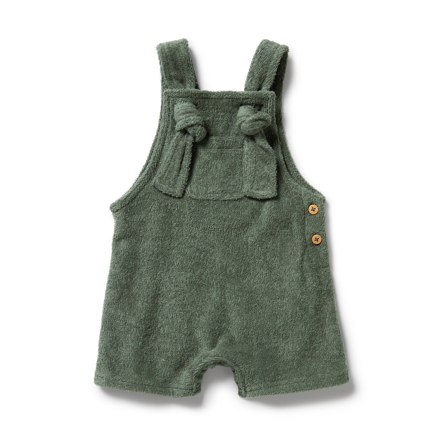Behind The Trees - Green baby romper with bow straps on a white background - Wilson + Frenchy - Organic Terry Overall - Moss