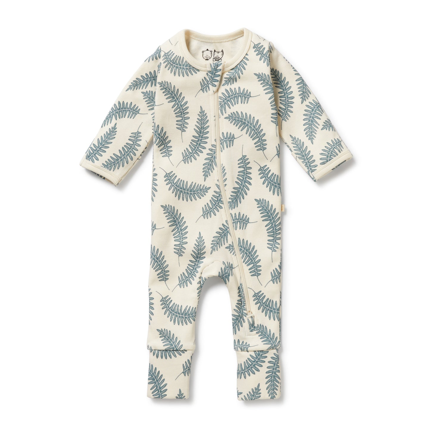 Behind The Trees - Baby onesie with fern leaf pattern on a white background - Wilson + Frenchy - Organic Zipsuit With Feet - Little Fronds
