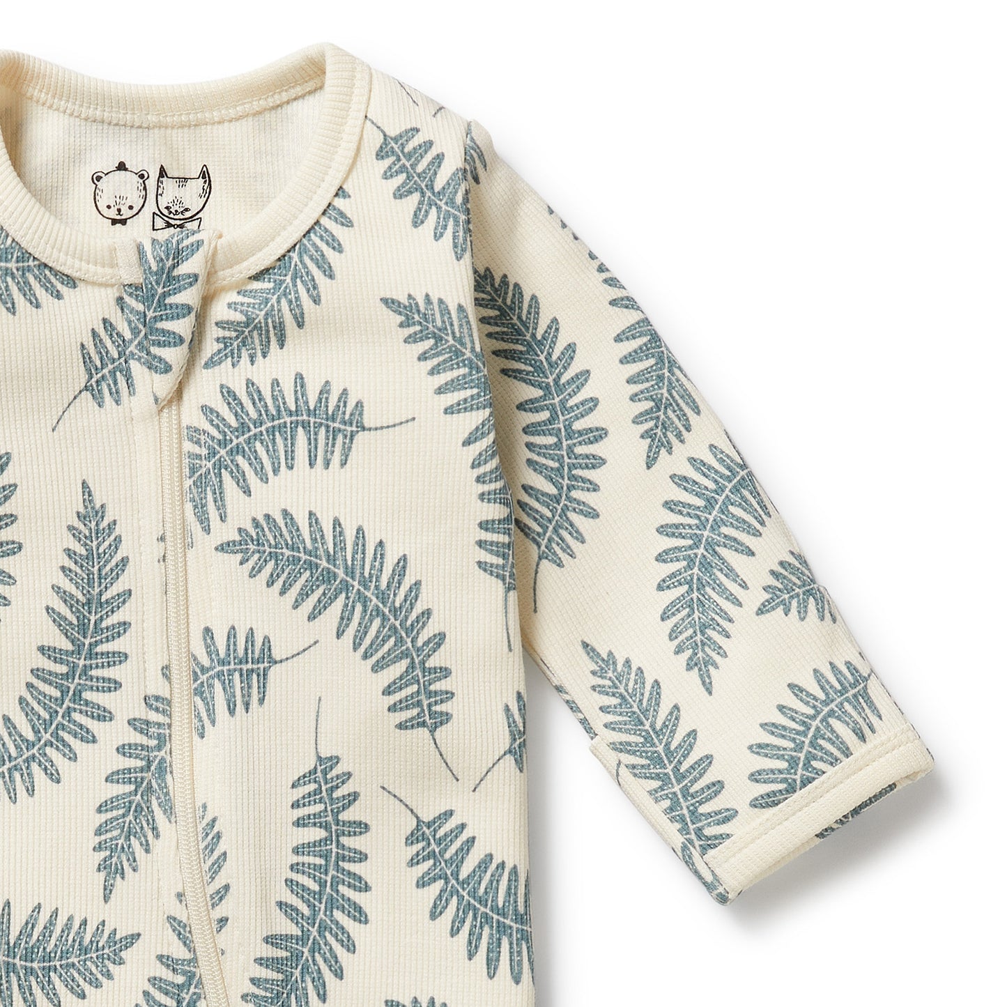 Behind The Trees - Baby onesie with fern leaf pattern on a white background - Wilson + Frenchy - Organic Zipsuit With Feet - Little Fronds