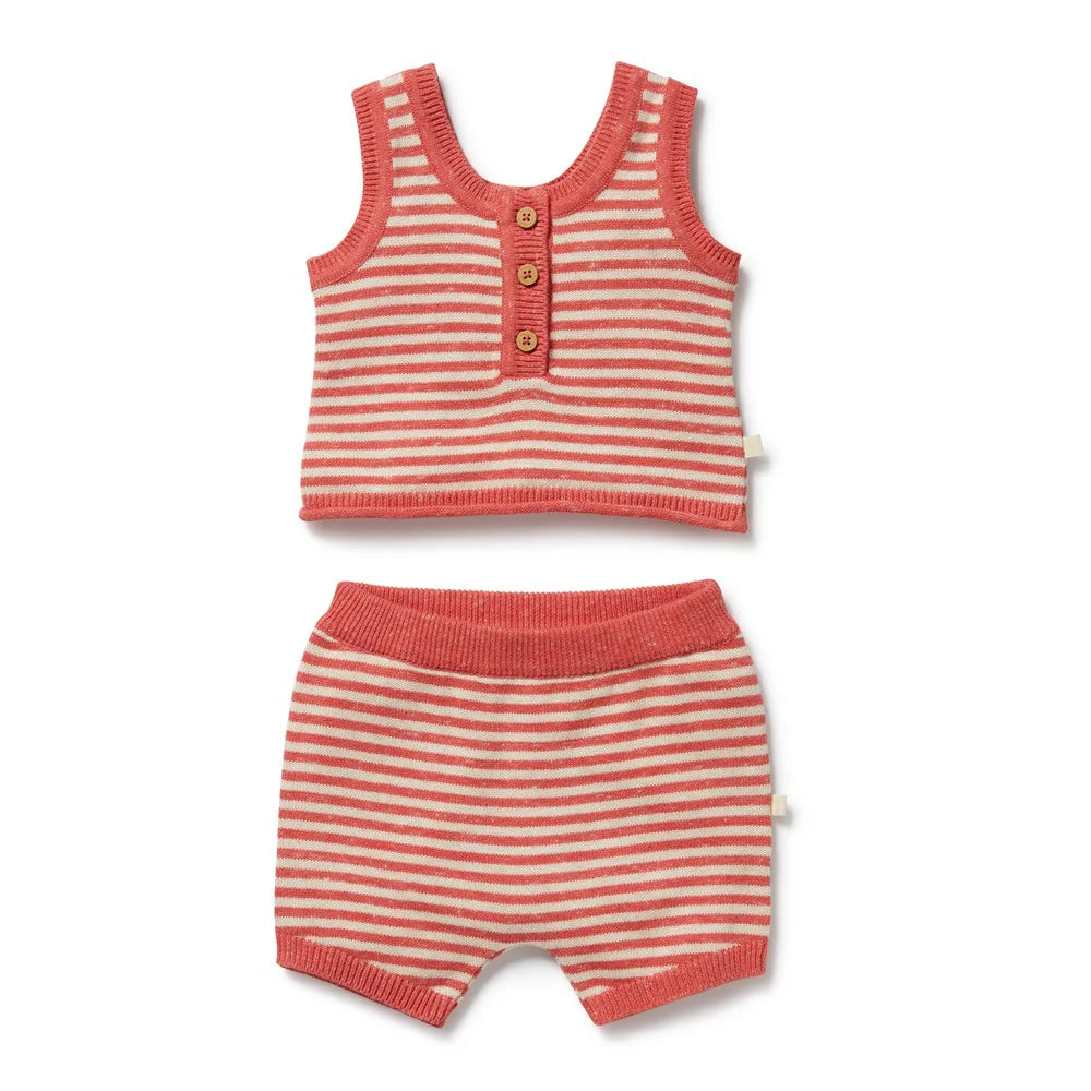 Behind The Trees - Red and white striped tank top and shorts set on a white background - Wilson + Frenchy - Organic Knitted Stripe Set - Strawberry Swirl