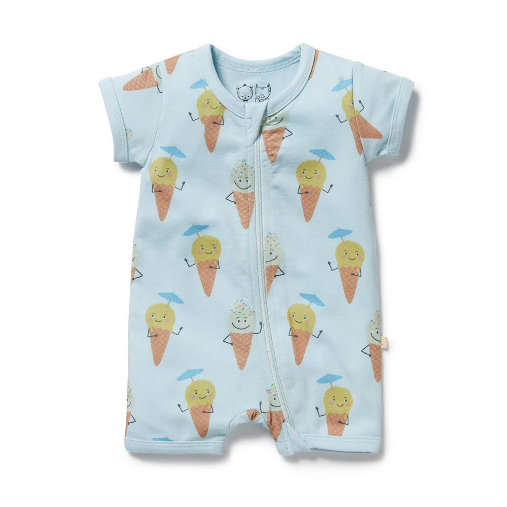 Behind The Trees - Baby romper with ice cream cone pattern on a light blue background - Wilson + Frenchy - Organic Boyleg Zipsuit - Frosty Friends