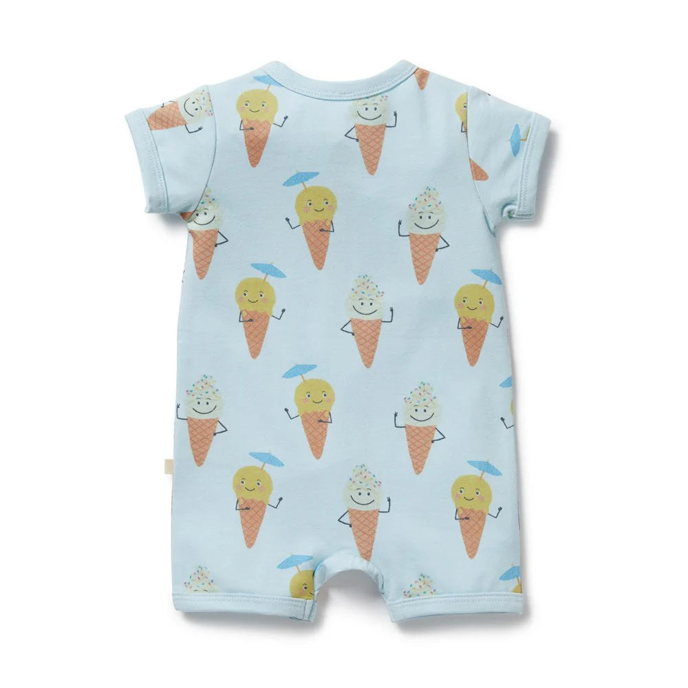 Behind The Trees - Baby romper with ice cream cone pattern on a light blue background - Wilson + Frenchy - Organic Boyleg Zipsuit - Frosty Friends