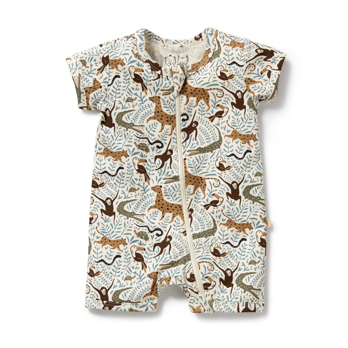 Behind The Trees - Baby romper with animal pattern on a white background - Wilson + Frenchy - Organic Boyleg Zipsuit - Mini Jungle