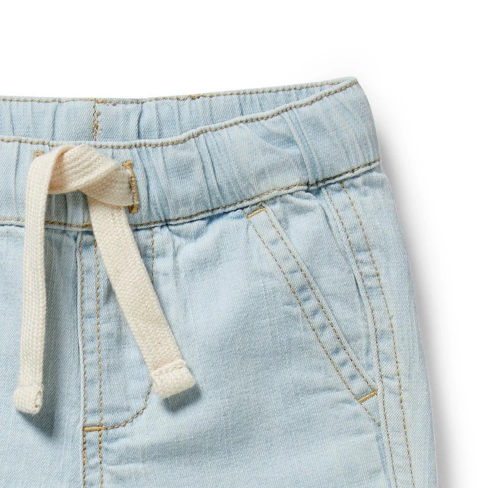 Behind The Trees - Light blue denim shorts with a drawstring on a white background - Wilson + Frenchy - Organic Denim - Long Short