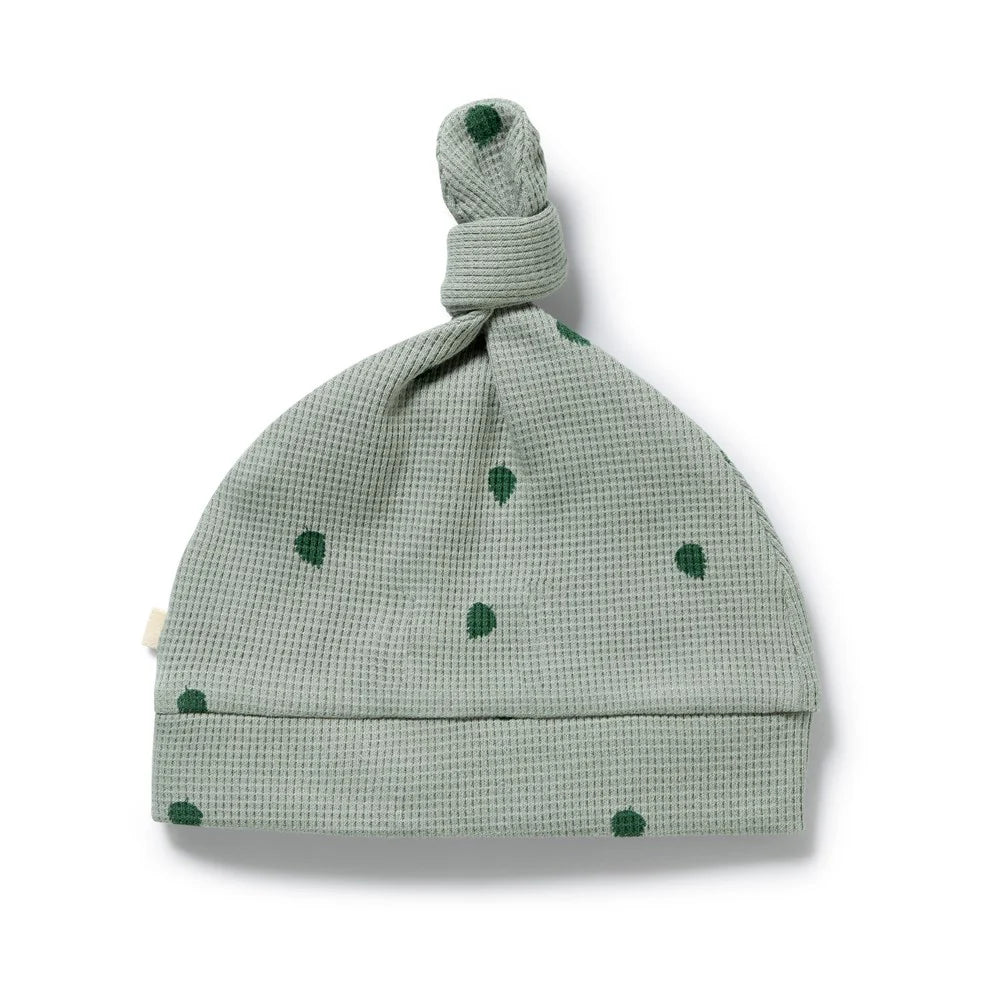 Behind The Trees - Green checkered baby hat with green polka dots on a white background - Wilson And Frenchy - Organic Waffle Knot Hat - Small - Tumbletwig
