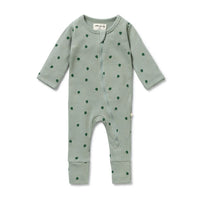 Behind The Trees - Green baby onesie with a subtle pattern on a white background - Wilson + Frenchy - Organic Waffle Zipsuit - Tumbletwig