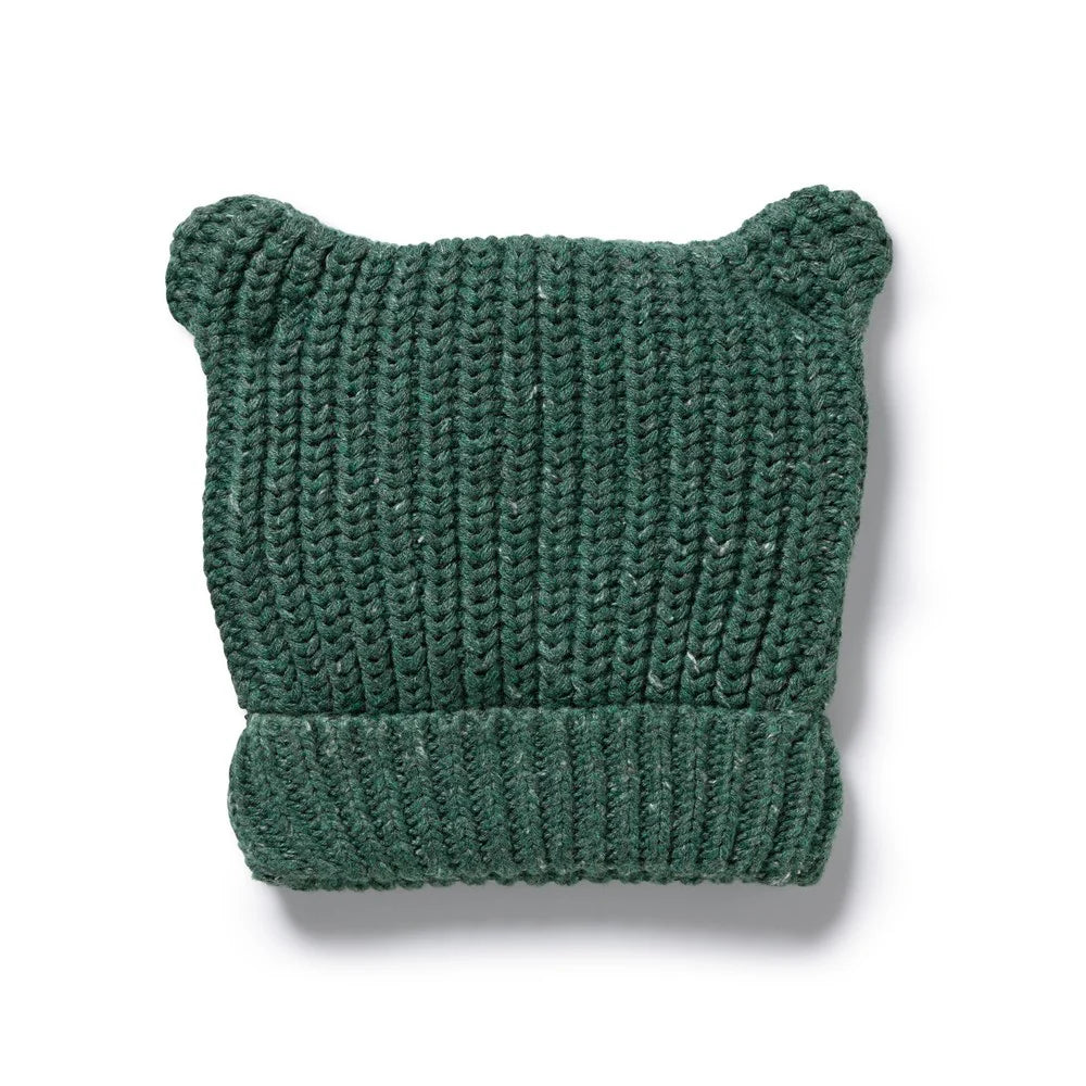 Behind The Trees - Green knitted baby hat with bear ears on a white background - Wilson And Frenchy - Organic Knitted Bear Hat - Clover