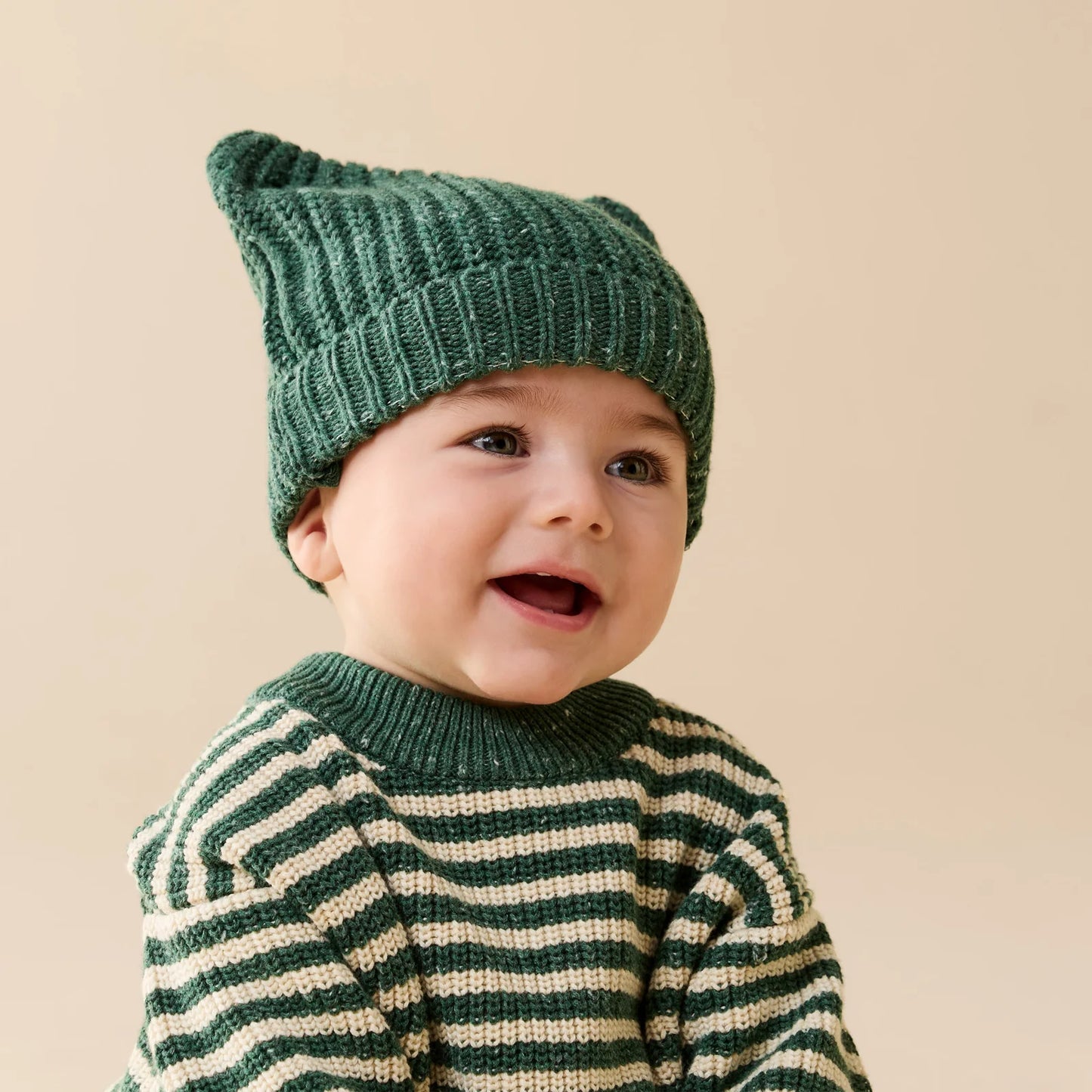 Behind The Trees - Green knitted baby hat with bear ears on a white background - Wilson And Frenchy - Organic Knitted Bear Hat - Clover