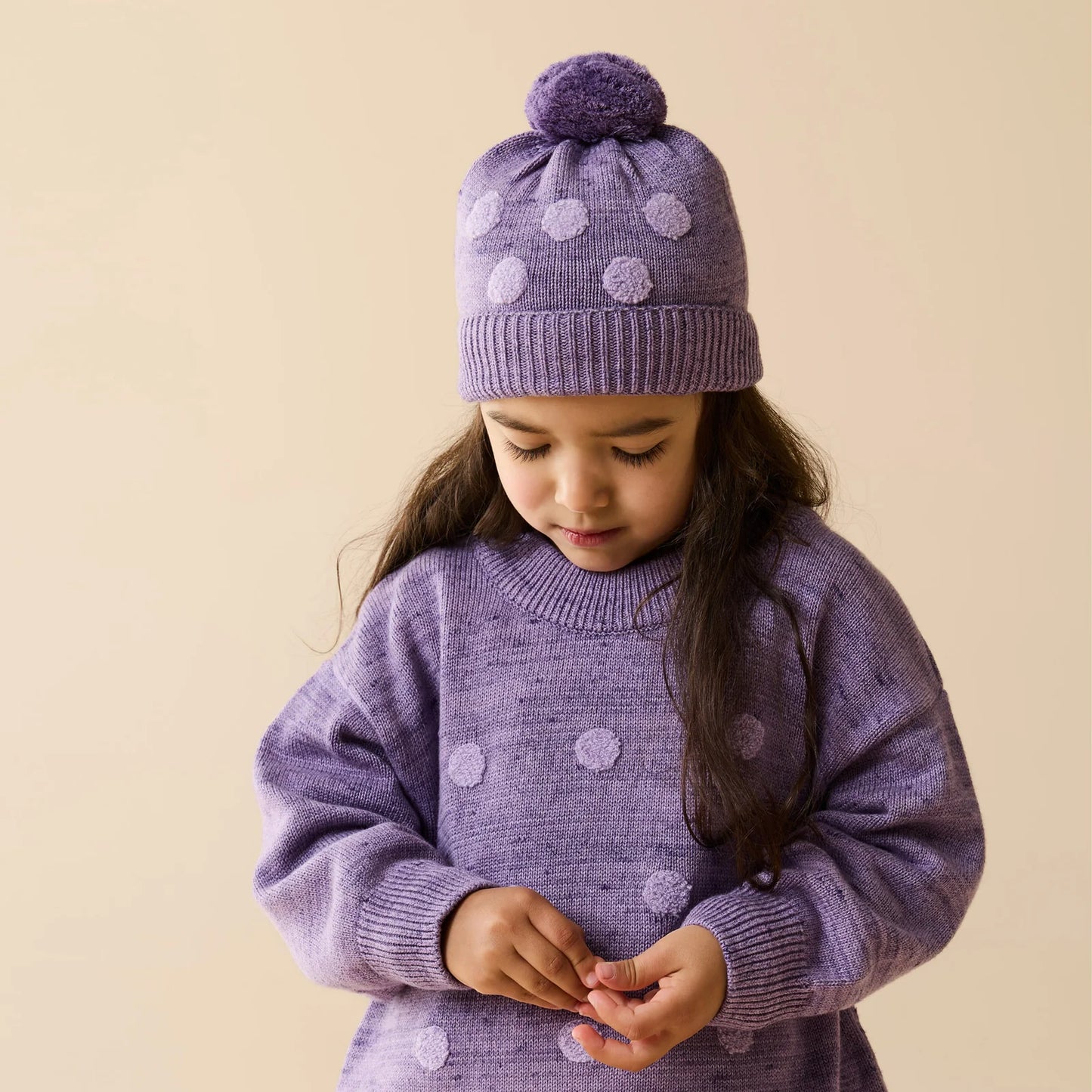 Behind The Trees - Purple sweater with polka dot pattern on a white background - Wilson + Frenchy - Organic Knitted Bauble Jumper - Mulberry