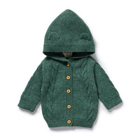 Behind The Trees - Green knitted baby hoodie with buttons on a white background - Wilson + Frenchy - Organic Knitted Cable Jacket - Clover