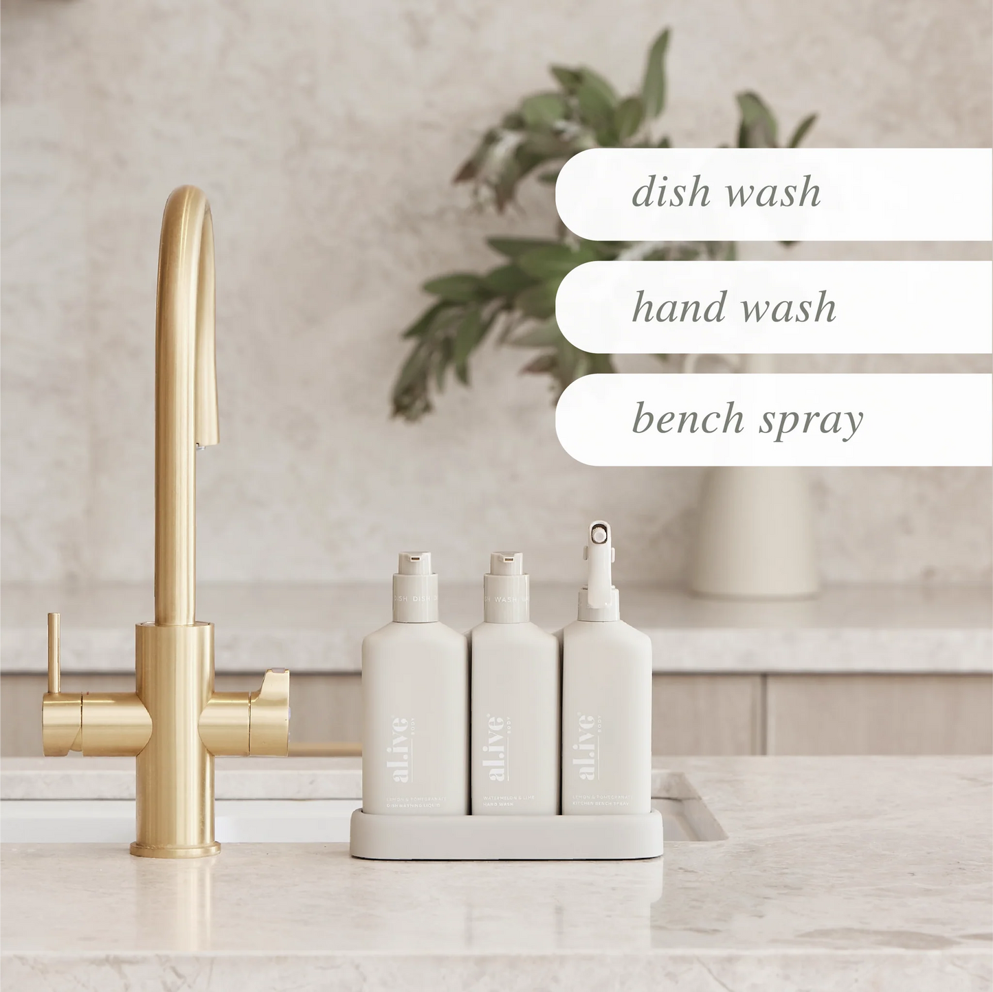 Behind The Trees - Three 'alive' brand bottles with a box on a white background - al.ive - Premium Kitchen Trio - Lemon & Pomegranate + Watermelon & Lime