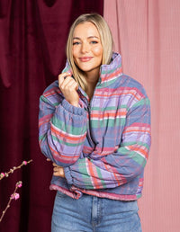 Behind The Trees - Woman wearing a plaid jacket with a plain background - Elm - Cord Check Jacket - Multi Colour Cord