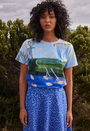 Behind The Trees - Nancybird - Apollo Tee - Lagoon - wearable art - nancybird SS24 collection - New Nancybird Tee - high quality t shirt