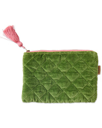 Behind The Trees - Green quilted pouch with a pink zipper and tassel on a white background - Kip & Co - Velvet Cosmetics Purse - Moss 