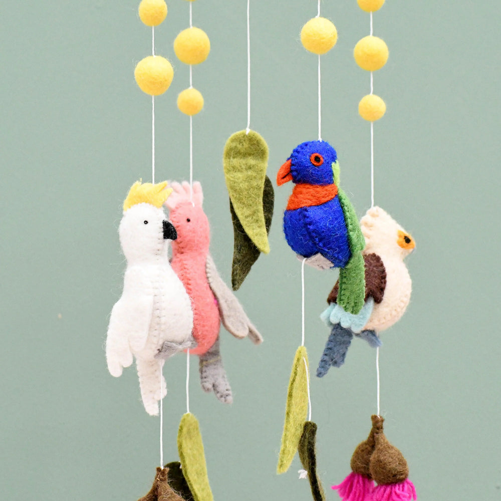 Behind The Trees - Tara Treasures - Baby Cot Mobile - Australian Birds - Cockatoo, Lorikeet, Galah and Kookabu - nursery decor for baby - newborn baby gift ideas - baby shower gift idea