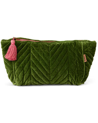Behind The Trees - Green quilted clutch bag with a pink tassel on a white background - Kip & Co - Velvet Toiletry Bag - Moss