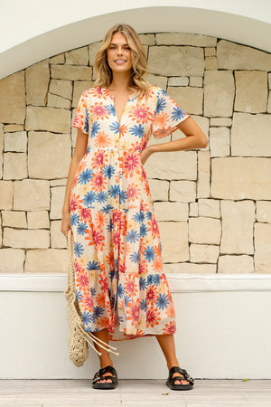 Behind The Trees - Miss Marlow&nbsp; - Daisy Button Tier Dress - summer dress - midi floral dress - v neckline dress - christmas day dress under $80