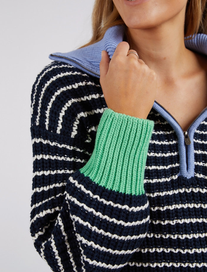 Behind The Trees - Elm - Brook Stripe Knit - Navy/Pearl Stripe - winter knitwear - autumn knitwear - collared knitwear