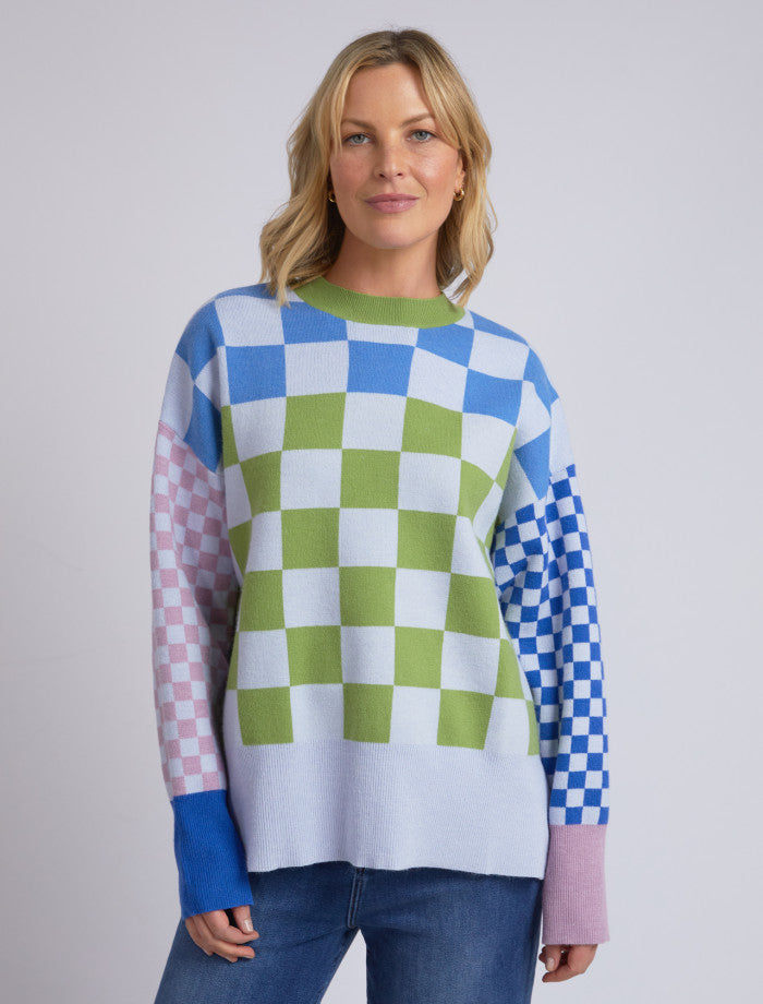 Behind The Trees - Elm - Checkerboard Knit - Multi Colour Checkerboard - colourful check knitwear - fun coloured knitwear - unique knitted tops