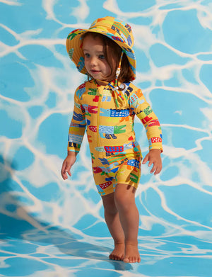 Behind The Trees - Halcyon Nights -Long Sleeve Rash Suit - Chomp swimsuit for kids - kids bathers - long sleeve bather for toddlers - summer bathers for kids