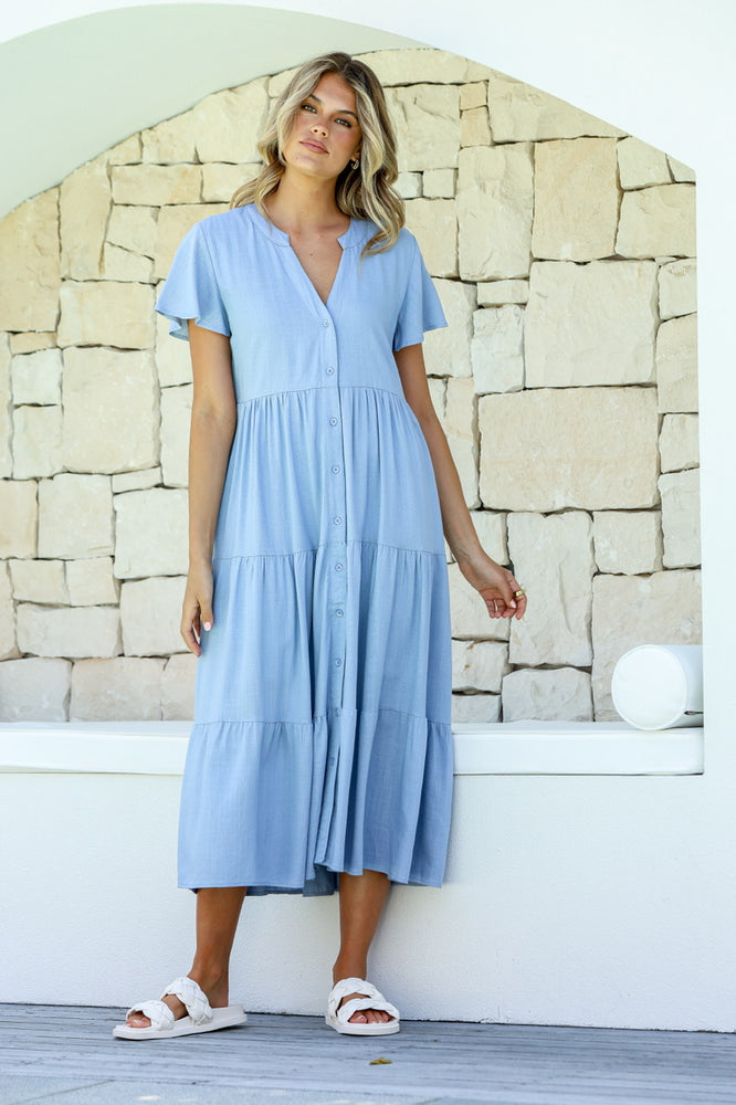 Behind The Trees - Miss Marlow - Linen Button Tier Midi Dress - Soft Blue - linen dress under $100 - summer dress - christmas day dress