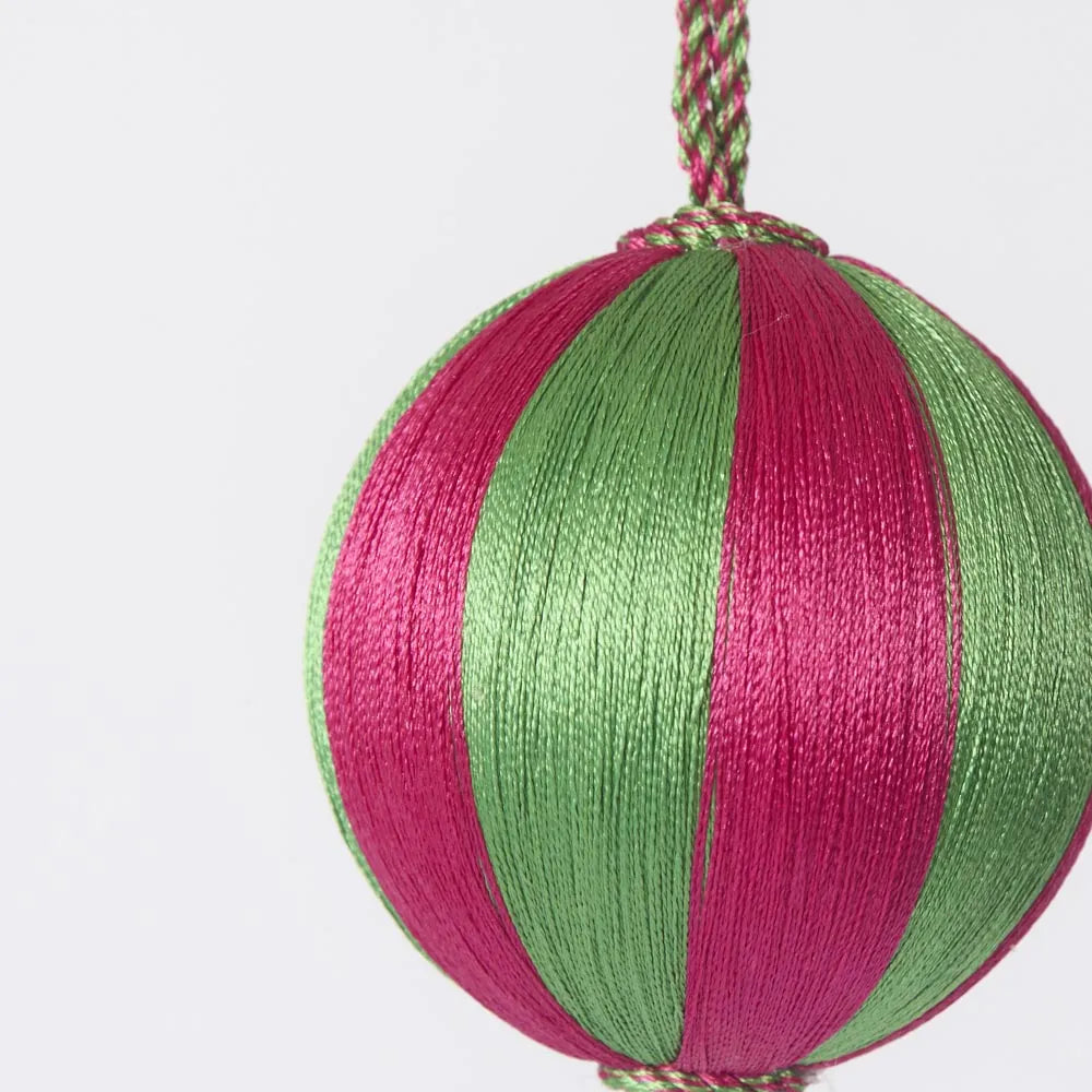 Behind The Trees - Decorative ball with pink and green stripes on a white background - Florabelle Living - Silk Stripe Bauble Small  - Pink & Green - Christmas Decorations