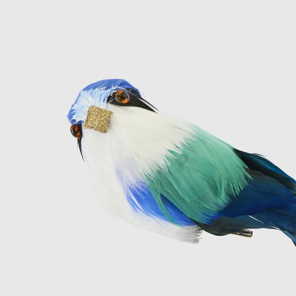 Behind The Trees - Colorful bird with blue, green, and white plumage on a light gray background - Florabelle Living - Little Kingfisher - Christmas Decorations 