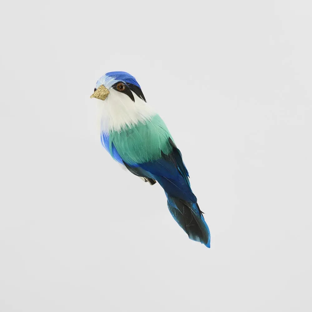 Behind The Trees - Colorful bird with blue, green, and white plumage on a light gray background - Florabelle Living - Little Kingfisher - Christmas Decorations 