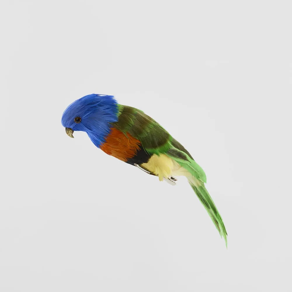 Behind The Trees - Colorful parrot with blue, green, and orange feathers on a light gray background - Florabelle Living - Little Lorikeet - Christmas Decorations