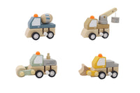 Behind The Trees - Set of four wooden toy construction vehicles on a white background - Toyslink - Wooden Wind-Up Construction Trucks