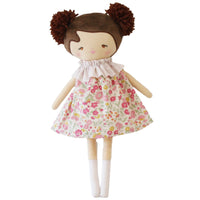 Behind The Trees - Doll with brown hair styled in pigtails, wearing a floral dress on a white background - Alimrose - Layla 35cm Rose Garden