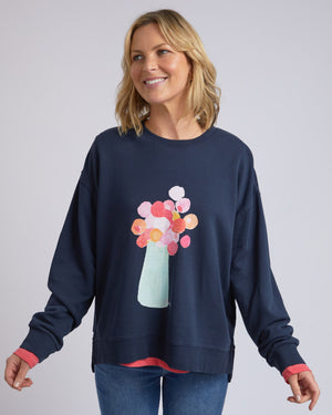 Behind The Trees - Elm - Janey Floral Crew - Dark Sapphire - cotton sweater - art design sweater - relaxed fit sweater