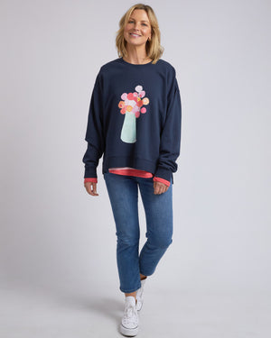 Behind The Trees - Elm - Janey Floral Crew - Dark Sapphire - cotton sweater - art design sweater - relaxed fit sweater