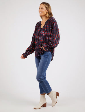 Behind The Trees - Elm - Jessie Geo Blouse - Geo Floral Print - nice top with jeans - going out top - relaxed shirt with v neckline