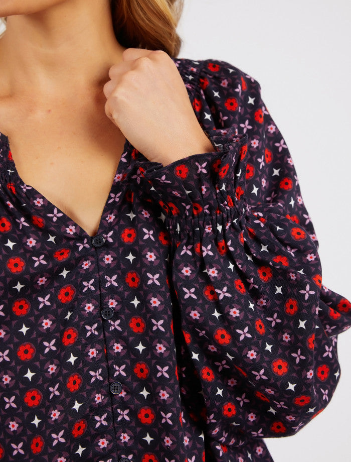 Behind The Trees - Elm - Jessie Geo Blouse - Geo Floral Print - nice top with jeans - going out top - relaxed shirt with v neckline