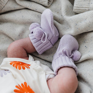 Behind The Trees - The Rest - Organic Cotton Knit Booties - Lilac - newborn baby present - newborn baby gifting - organic baby booties under $30