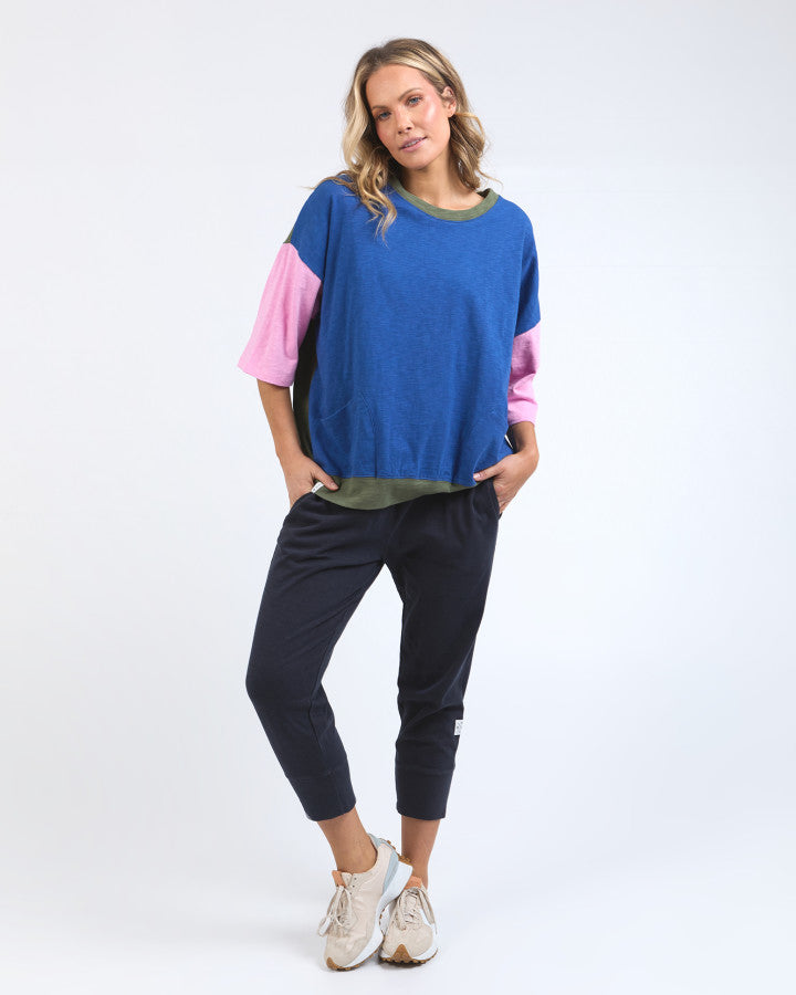 Behind The Trees - Elm - Mazie Colour Block Sweat - China Blue/Pretty Pink/Clover - cotton 3/4 sleeve top - comfortable cotton top - colourful summer tee 