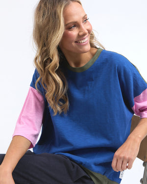 Behind The Trees - Elm - Mazie Colour Block Sweat - China Blue/Pretty Pink/Clover - cotton 3/4 sleeve top - comfortable cotton top - colourful summer tee 