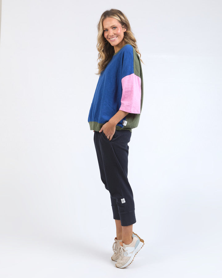 Behind The Trees - Elm - Mazie Colour Block Sweat - China Blue/Pretty Pink/Clover - cotton 3/4 sleeve top - comfortable cotton top - colourful summer tee 