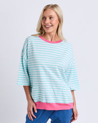 Behind The Trees - Elm - Mazie Stripe Ringer Sweat - Tonic Blue & White Stripe with Pink Trim