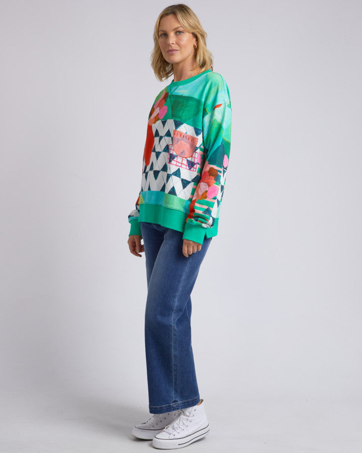 Behind The Trees - Elm - Private Universe Crew - All Over Green Print - art design sweater - unique sweater - colourful sweater - cotton sweater under $100